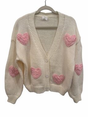 Luna Ivy ivory 3D puff heart knit cardigan cream sweater size XS